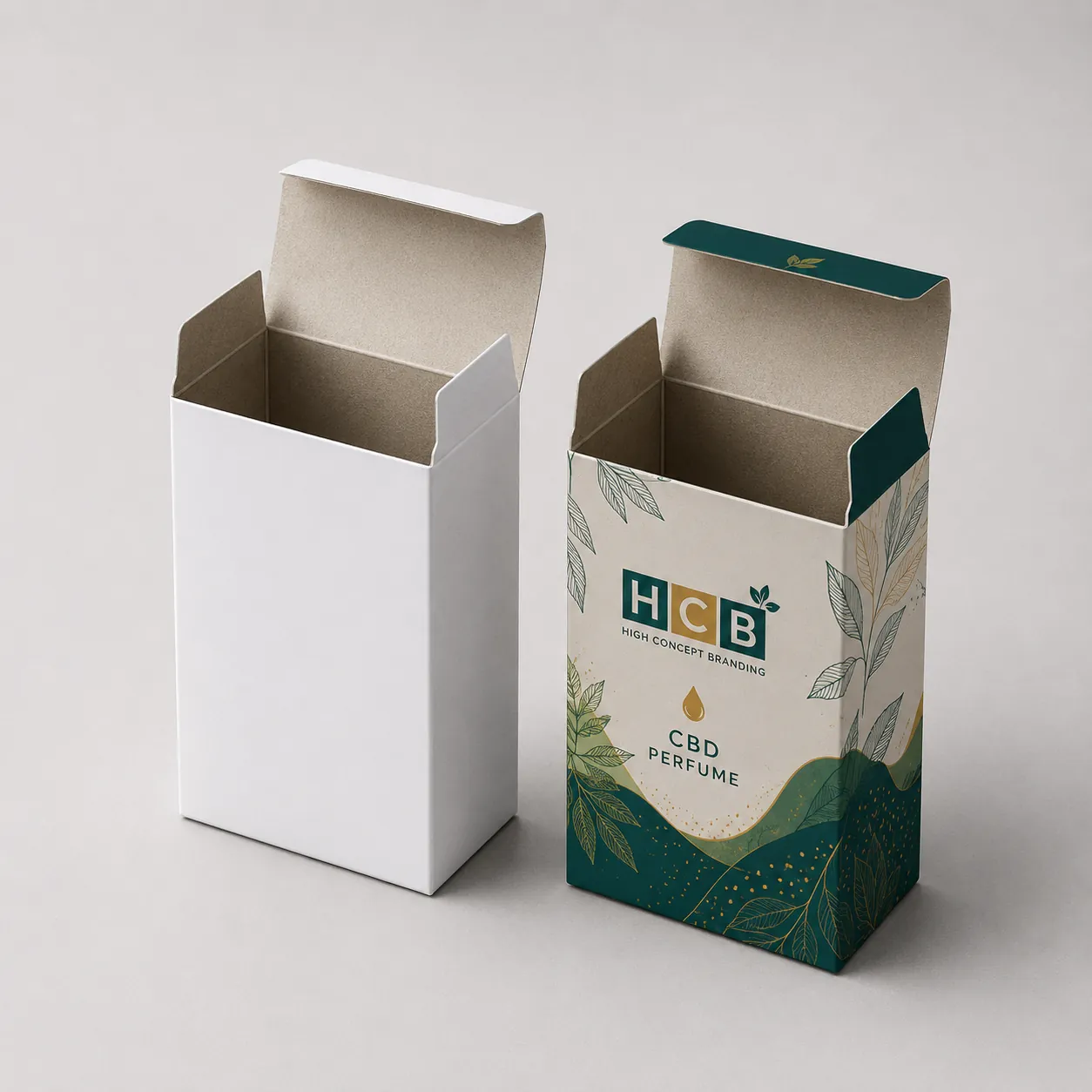 Tuck top cardboard perfume boxes showing a blank white option and a custom printed counterpart.